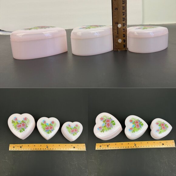 Vtg 3 Sizes Plastic Pink Heart Shaped Nesting Containers w Lids Floral Flowers - Picture 2 of 9